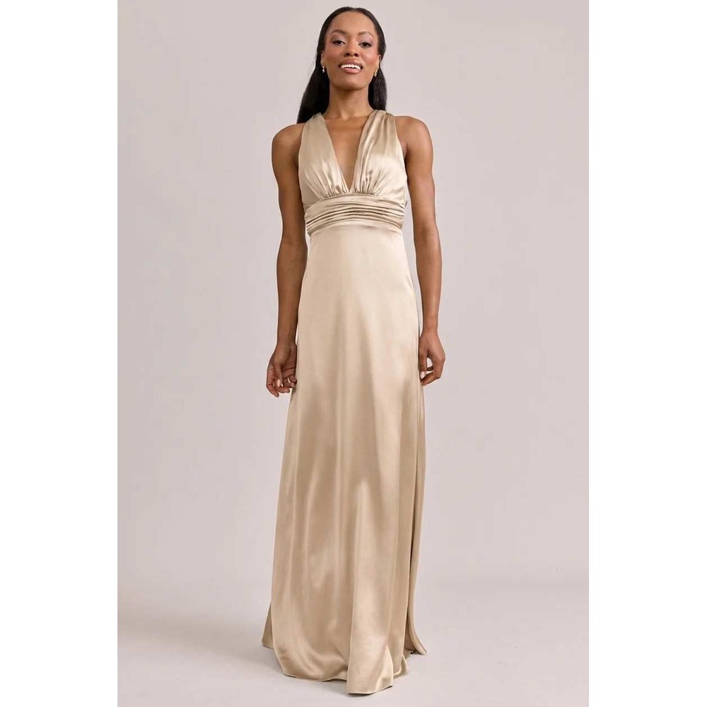Revelry Dylan Satin Maxi Dress Champagne Gold Halter Ruched Waist Formal Gown 10